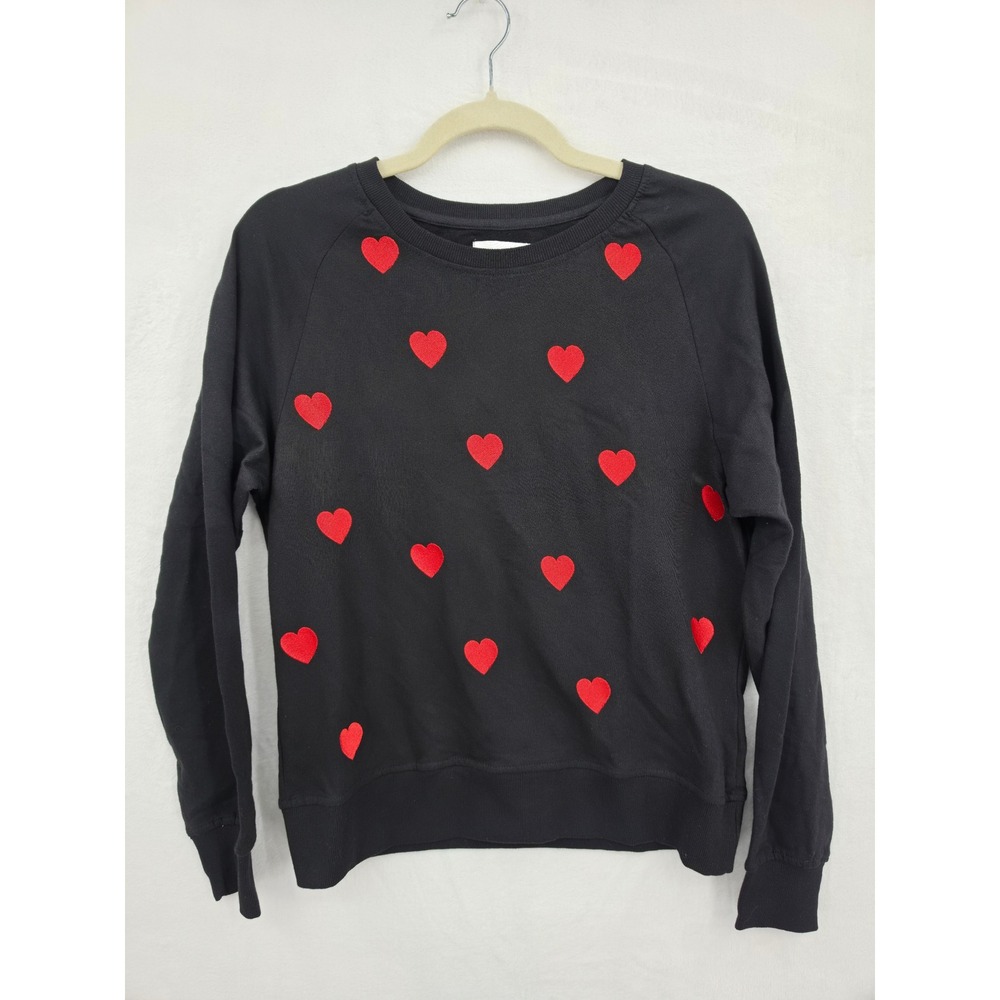 NWT ISA & ELLA Black Cotton Heart Embroidered Raglan Sweatshirt Small Valentines